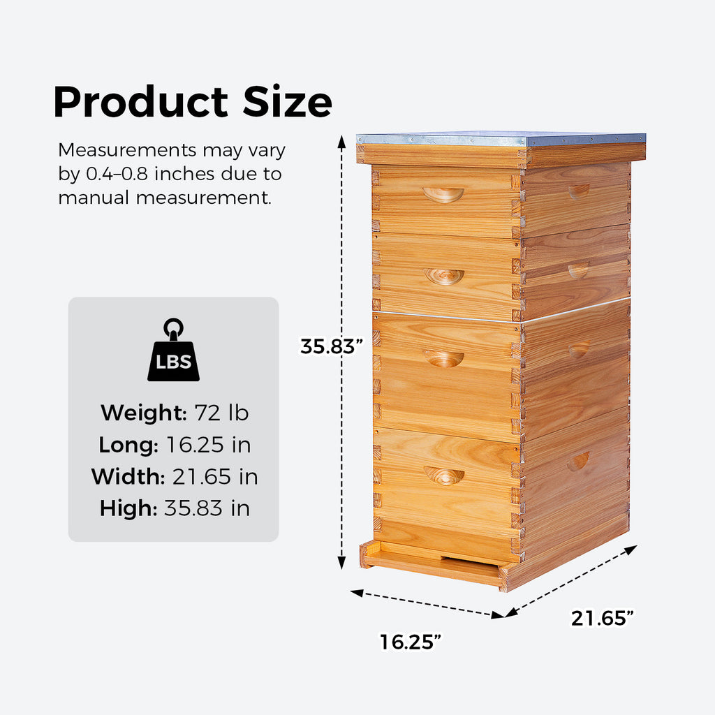 VLoveBee 10-Frame 4-Layer Cedar Wood Bee Hive Kit – Complete Logo-Free Langstroth Beeswax Dipped Unassembled Hive Includes 2 Deep Boxes and 2 Medium Supers with 40 Plastic Foundation & Wooden Frames
